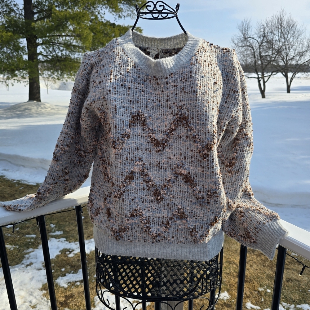 Hem & Thread Cozy Chevron Knit Sweater - Cream Light Blue and Brown, NWT